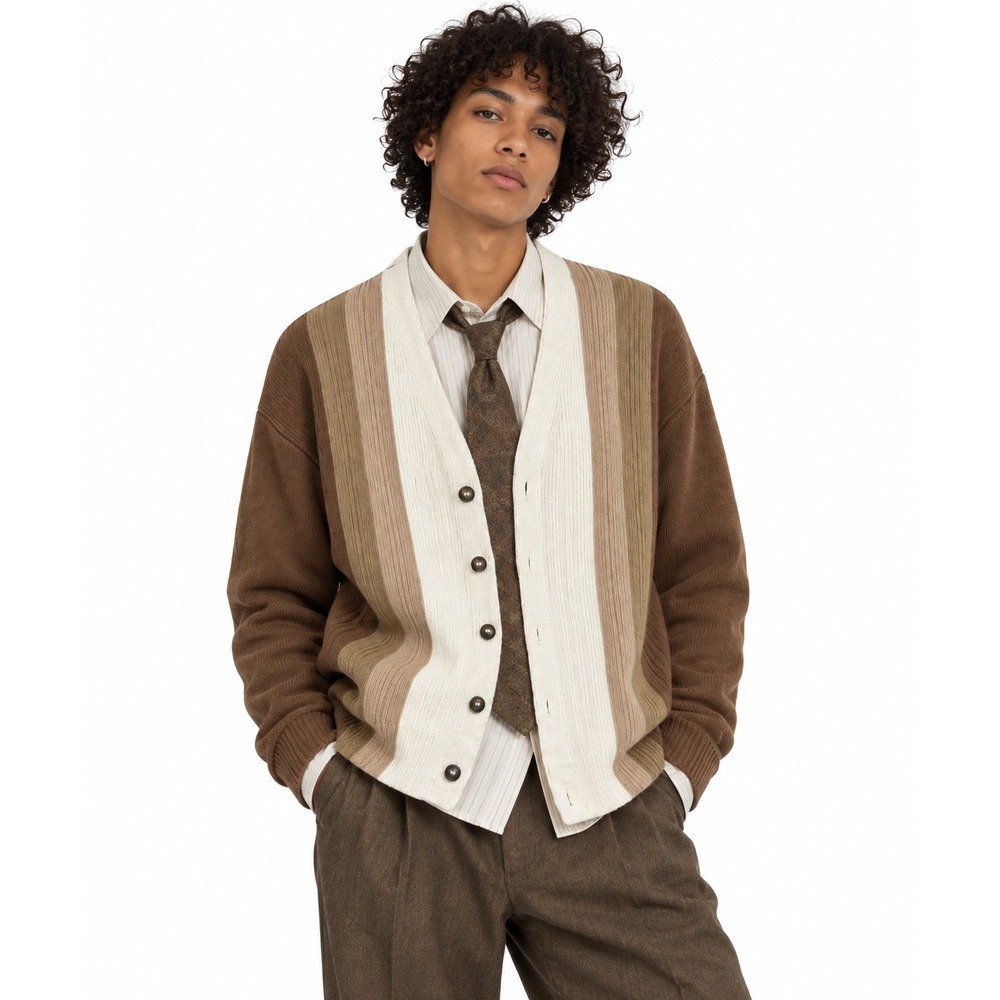 Unbranded Striped Knit Cardigan Large Brown Retro V-Neck Button Up Sweater